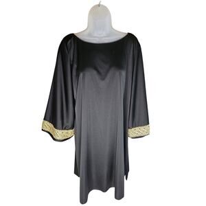 Lucie Ann Beverly Hills Black Sheath Dress Sz M Gold Applique Bell Sleeves